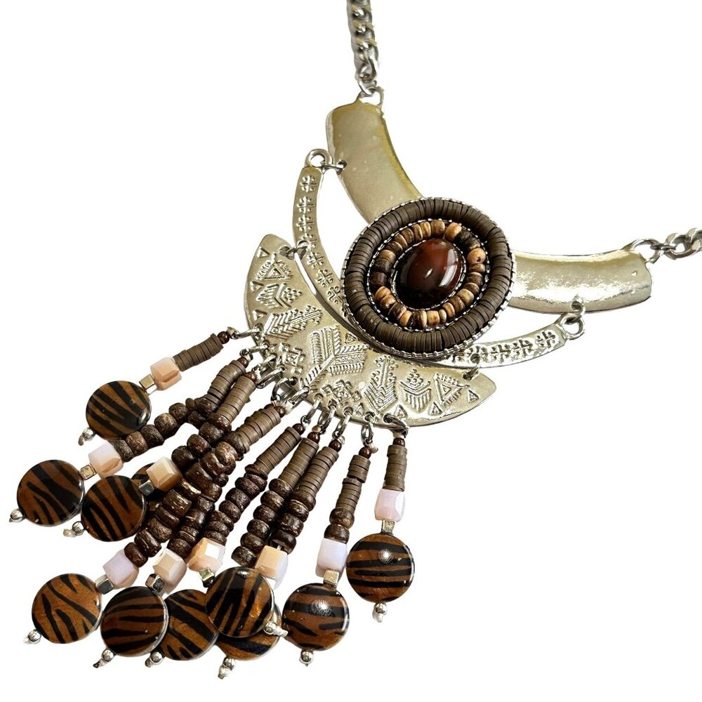 Jules Statement Necklace Silver Tone Brown Beaded Fringe